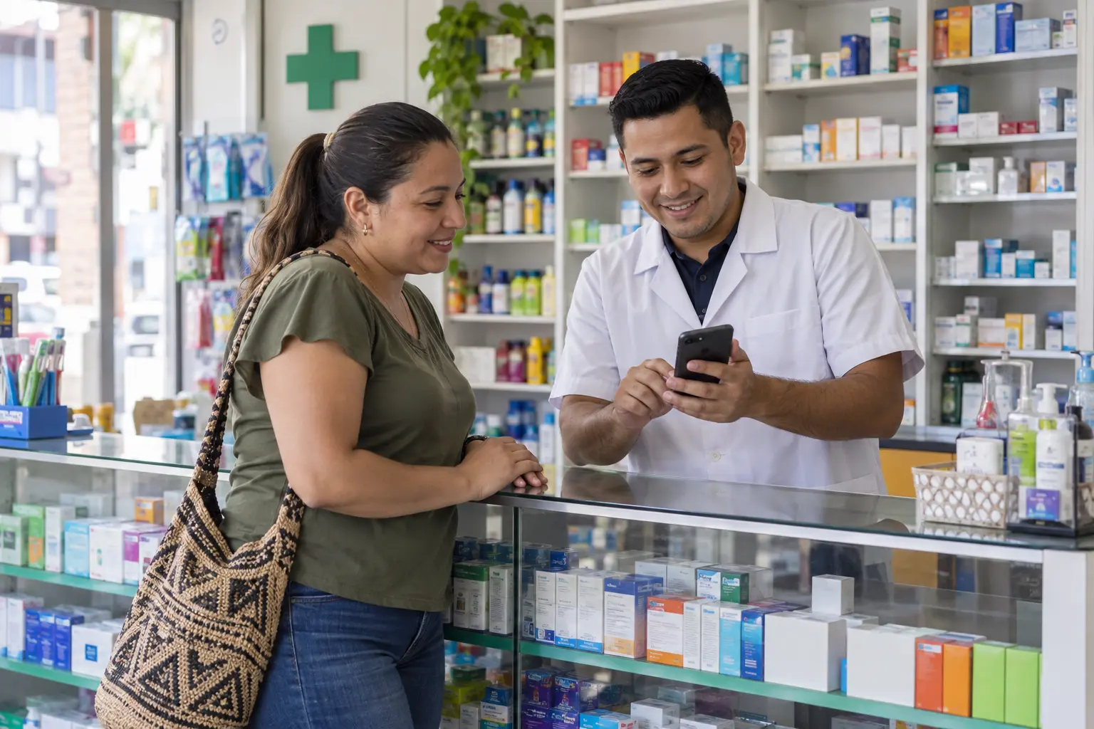 Atención en el mostrador de una farmacia de barrio